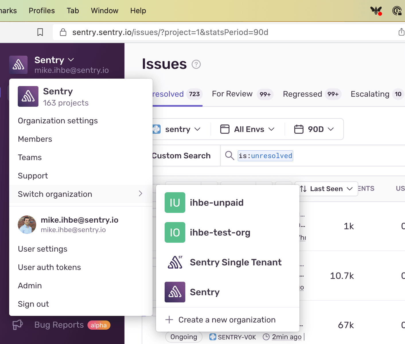 An organization picker from sentry.io